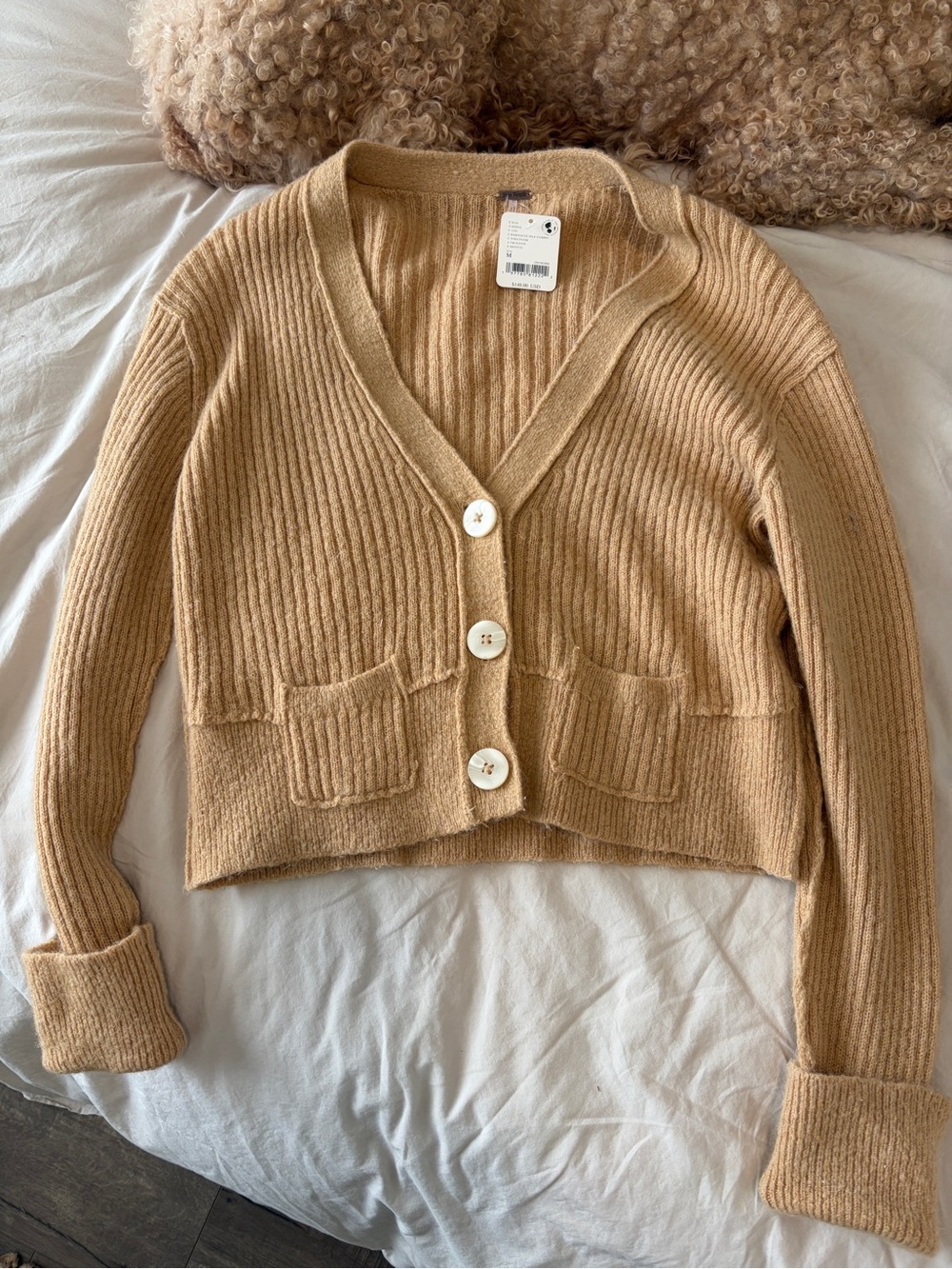 Free People Cropped Ribbed V-Neck Cardigan in Camel